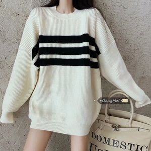 oversized sweater striped crewneck pullover round neck cream colored, pr…​​​​​​​